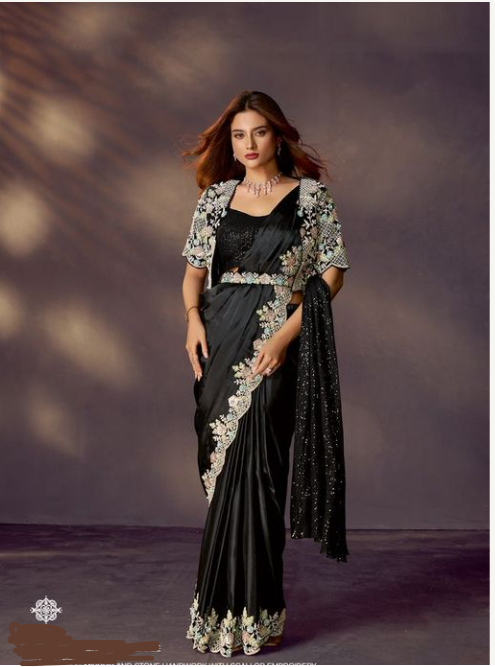 Black Soft Satin Silk Designer Saree | Mirror, Stone Handwork with Scallop Embroidery