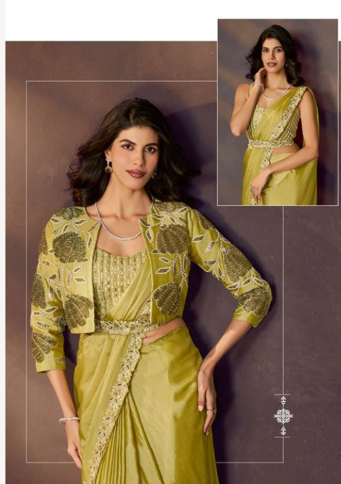 Lemon Green Soft Satin Silk Designer Saree | Sequins Embroidery with Stone & Applique Handwork