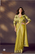 Lemon Green Soft Satin Silk Designer Saree | Sequins Embroidery with Stone & Applique Handwork