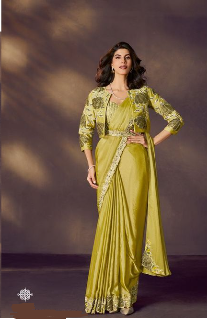 Lemon Green Soft Satin Silk Designer Saree | Sequins Embroidery with Stone & Applique Handwork
