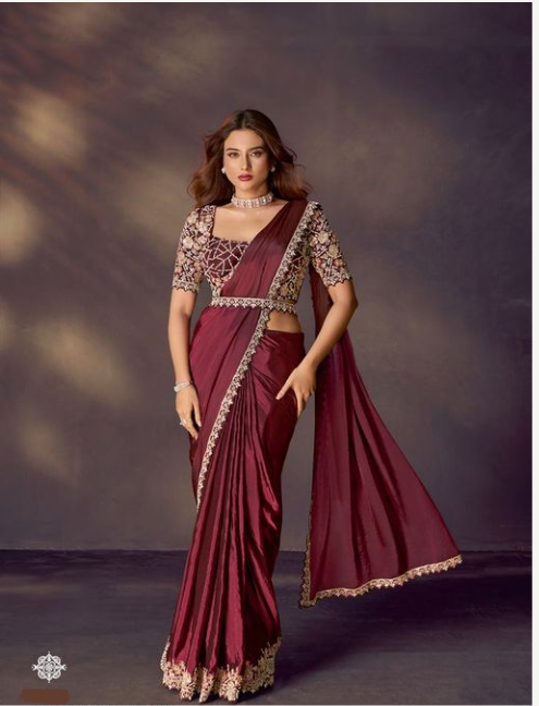 Maroon Two Tone Soft Silk Designer Saree | Dual Sequins Embroidery with Pearl & Stone Handwork