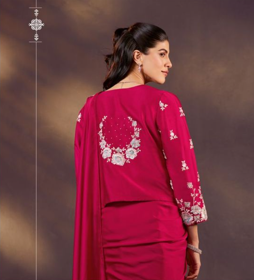 Rani Soft Satin Silk Designer Saree | Dual Sequins Embroidery with Pearl & Stone Handwork