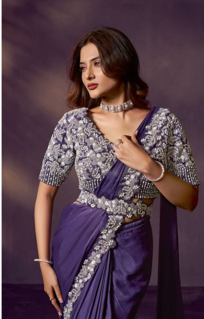 Purple Soft Satin Silk Designer Saree | Dual Sequins Embroidery with Pearl, Stone & Handwork