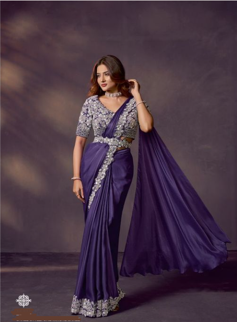 Purple Soft Satin Silk Designer Saree | Dual Sequins Embroidery with Pearl, Stone & Handwork