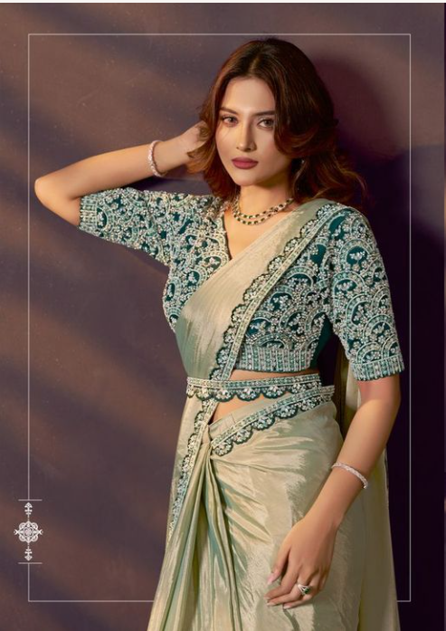 Pista Green Two Tone Soft Silk Designer Saree | Dual Beads Embellished with Stone & Handwork