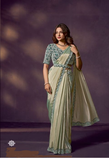 Pista Green Two Tone Soft Silk Designer Saree | Dual Beads Embellished with Stone & Handwork