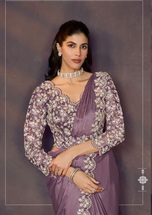 Lavender Soft Satin Silk Designer Saree | Scallop Sequins Embroidery with Multi Stone Embellishment