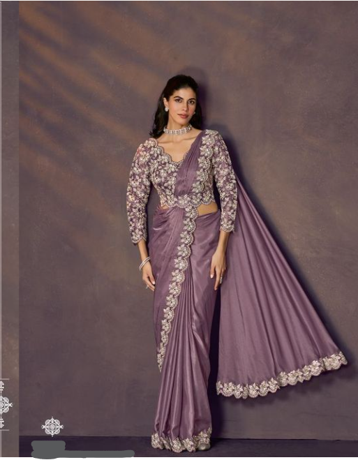 Lavender Soft Satin Silk Designer Saree | Scallop Sequins Embroidery with Multi Stone Embellishment