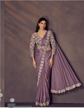 Lavender Soft Satin Silk Designer Saree | Scallop Sequins Embroidery with Multi Stone Embellishment