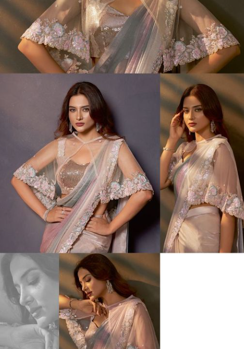 Shaded Tusser Two Tone Satin Silk Designer Saree | Dual Sequins, Embroidery with Stone Handwork