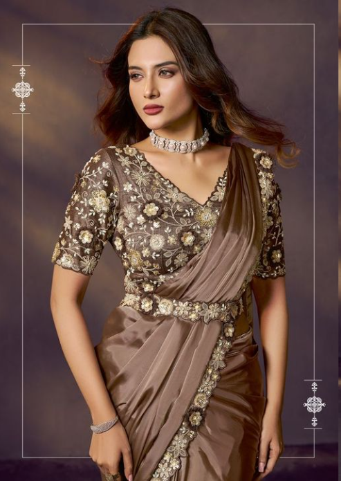 Coffee Two Tone Soft Silk Designer Saree | Sequins Embroidery with Stone & Applique Handwork