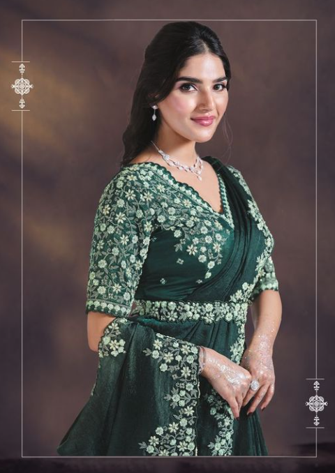 Green Two Tone Satin Silk Designer Saree | Sequins & Hand Work