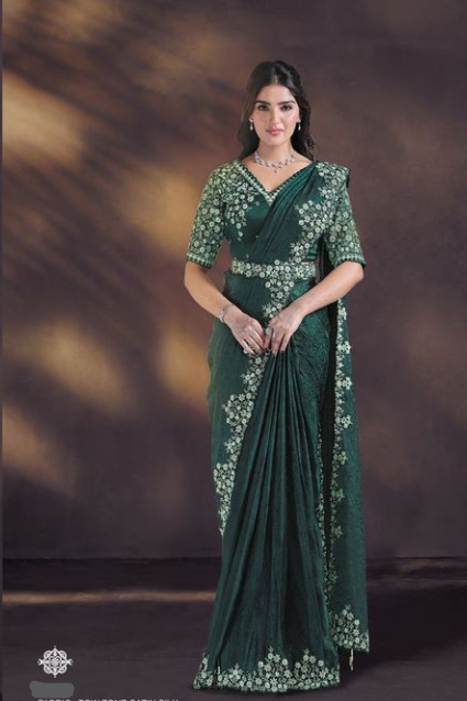 Green Two Tone Satin Silk Designer Saree | Sequins & Hand Work