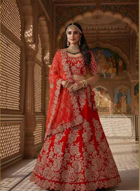 Red Velvet Lehenga Choli | Thread, Zari, Cord Embroidery with Cut Work