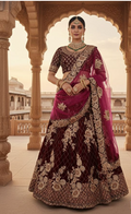 Wine Velvet Lehenga Choli | Thread, Zari, Cord Embroidery with Cut Work