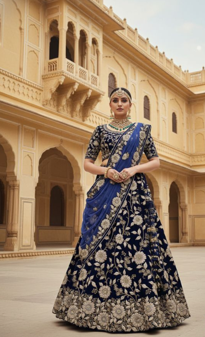 Blue Velvet Lehenga Choli | Thread, Zari, Cord Embroidery with Cut Work
