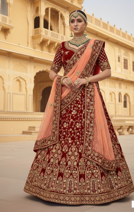 Maroon Velvet Lehenga Choli | Resham, Zari, Cord, Sequins Embroidery with Handwork