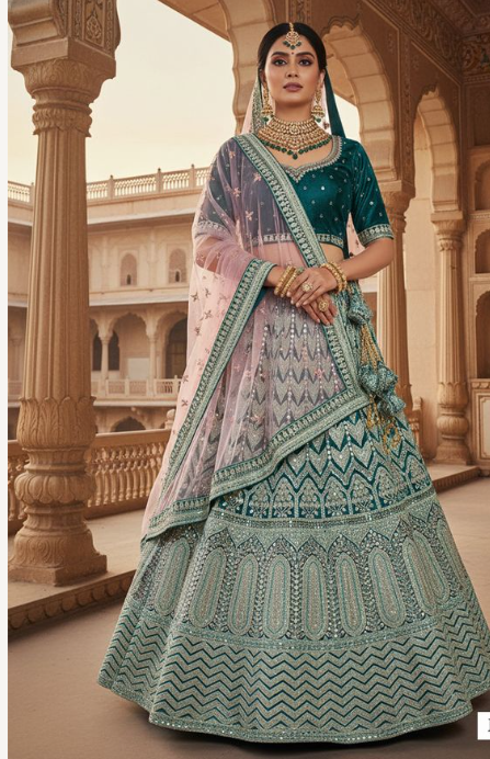 Rama Velvet Lehenga Choli | Thread, Diamond Work