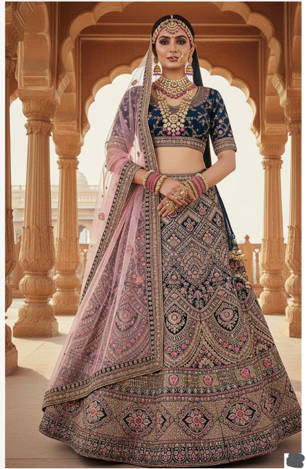 More Peach Velvet Lehenga Choli | Zardosi Work, Pure Mirror Work