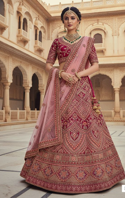 Wine Velvet Lehenga Choli | Zardosi Work, Pure Mirror Work