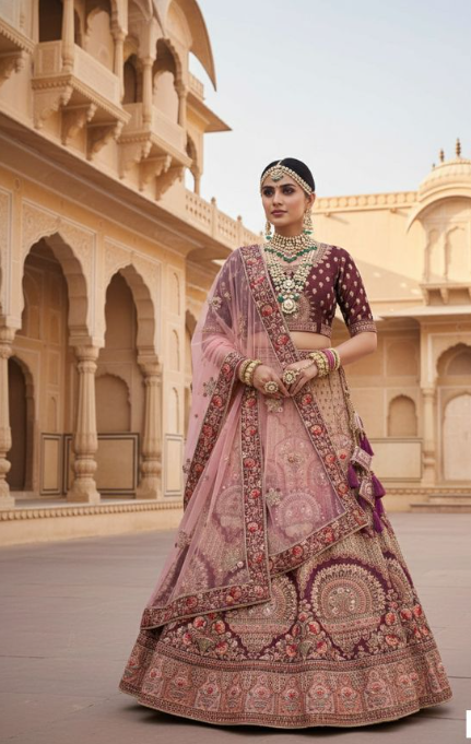 Wine Velvet Lehenga Choli | Heavy Embroidery, Zari Work