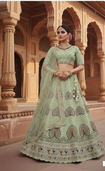Pista Georgette Lehenga Choli | Embroidery, Thread Work