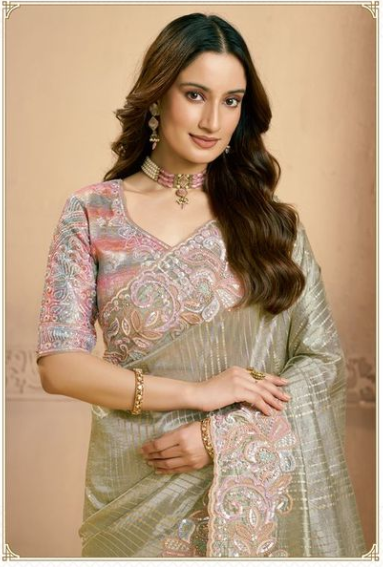 Light Golden Weaved Zari Kora Silk Saree | Sequins Embroidery & Zardozi Handwork