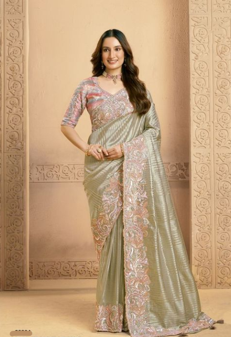 Light Golden Weaved Zari Kora Silk Saree | Sequins Embroidery & Zardozi Handwork