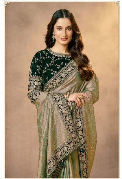 Green Kora Zari Tissue Silk Saree | Aari, Zardozi Handwork & Sequin Embellishment