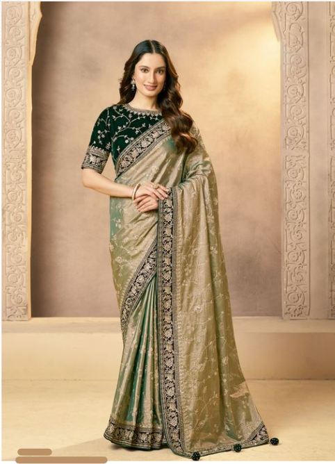 Green Kora Zari Tissue Silk Saree | Aari, Zardozi Handwork & Sequin Embellishment