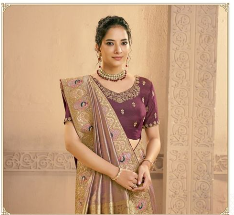 Golden Wine Metallic Zari Tissue Silk Saree | Traditional Motifs & Cutdana Handwork