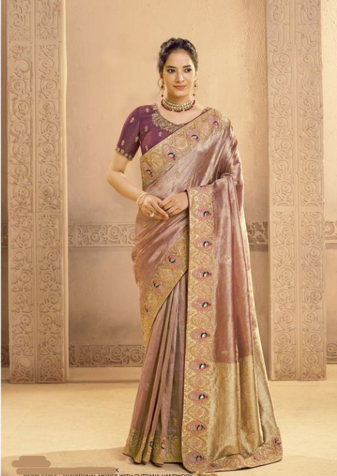 Golden Wine Metallic Zari Tissue Silk Saree | Traditional Motifs & Cutdana Handwork