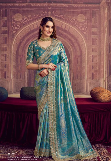 Firoji Kanjivaram Pure Zari Silk Saree | Meena, Dual Sequence & Beads Handwork