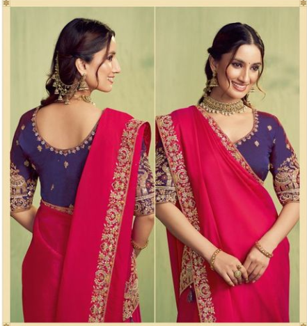 Hot Pink Two Tone Kora Satin Saree | Sequence, Embroidery, Stone & Handwork with Purple Blouse