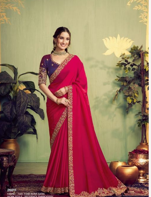 Hot Pink Two Tone Kora Satin Saree | Sequence, Embroidery, Stone & Handwork with Purple Blouse