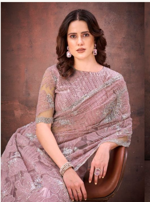 Pink Jimmy Choo Mono Net Saree with Beads, Sequins & Applique Embellishment | Stitched Blouse