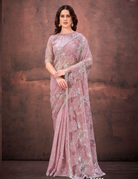Pink Jimmy Choo Mono Net Saree with Beads, Sequins & Applique Embellishment | Stitched Blouse