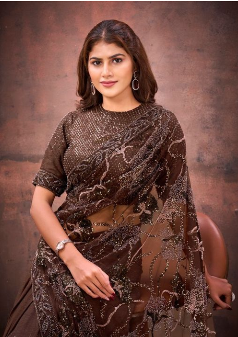 Coffee Jimmy Choo Mono Net Saree with Beads & Dual Sequins Embellishment | Heavy Mono Net Blouse