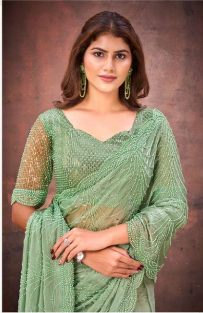 Pista Green Jimmy Choo Mono Net Saree with Dual Beads & Sequins Embellishment | Heavy Mono Net Blouse