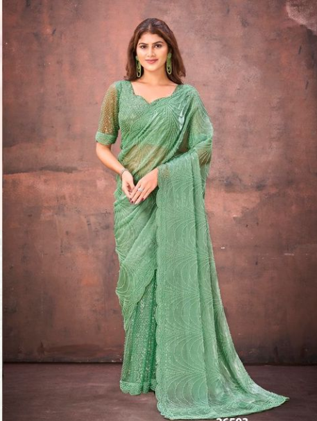 Pista Green Jimmy Choo Mono Net Saree with Dual Beads & Sequins Embellishment | Heavy Mono Net Blouse