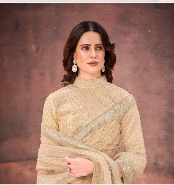 Turquoise Gucci Velvet & Mono Net Saree with Beads & Sequins Embroidery | Gucci Velvet Blouse