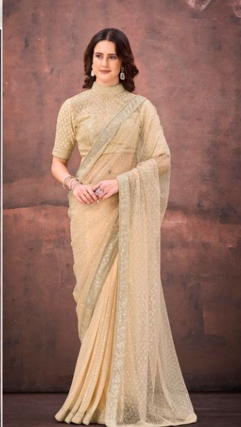 Turquoise Gucci Velvet & Mono Net Saree with Beads & Sequins Embroidery | Gucci Velvet Blouse