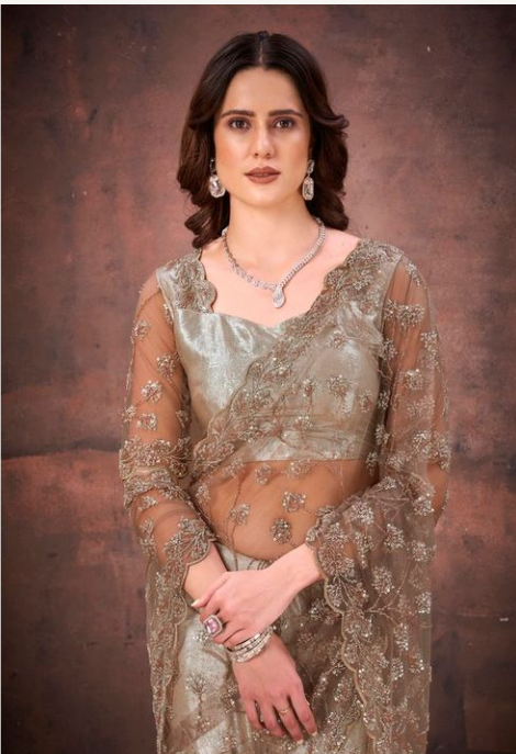 Green Jimmy Choo Mono Net Saree with Dual Beads & Sequins Embellishment | Heavy Mono Net Blouse