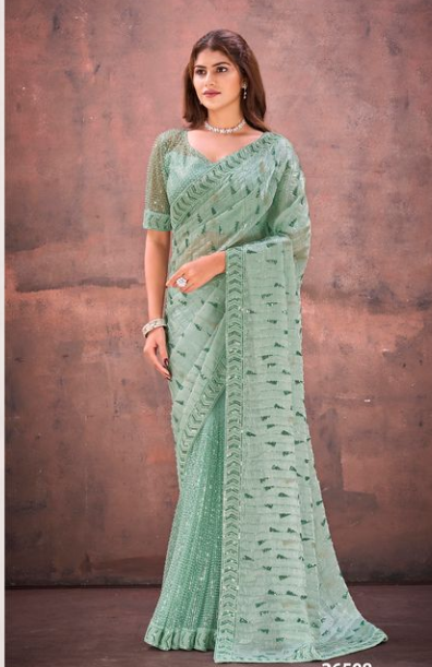 Lovender Jimmy Choo Mono Net Saree with Dual Beads & Dual Sequins Embellishment | Heavy Mono Net Blouse