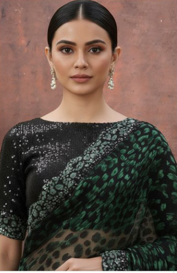 Black Gucci Velvet & Mono Net Saree with Dual Beads & Sequins Embellishment | Upada Silk Blouse