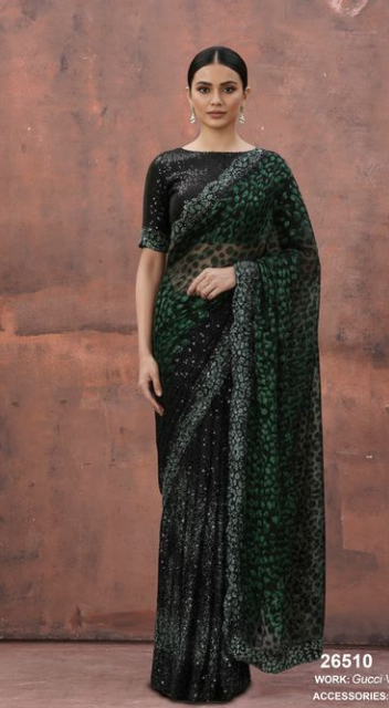 Black Gucci Velvet & Mono Net Saree with Dual Beads & Sequins Embellishment | Upada Silk Blouse