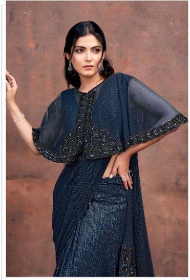 Navy Blue Armani Tulle with Stones Saree with Pure Beads, Hand Work & Sequence | Maharani Net Blouse