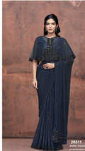 Navy Blue Armani Tulle with Stones Saree with Pure Beads, Hand Work & Sequence | Maharani Net Blouse