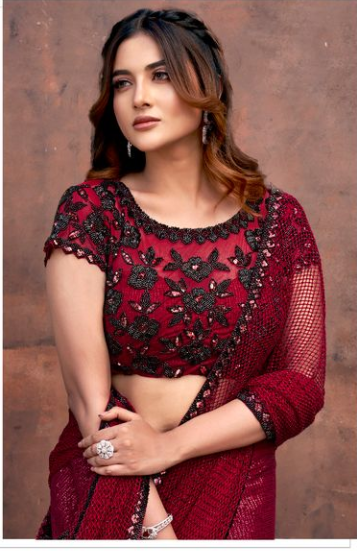 Maroon Armani Tulle with Stones Saree with Pure Beads, Hand Work & Sequence | Maharani Net Blouse