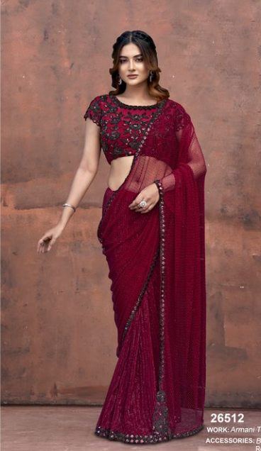Maroon Armani Tulle with Stones Saree with Pure Beads, Hand Work & Sequence | Maharani Net Blouse